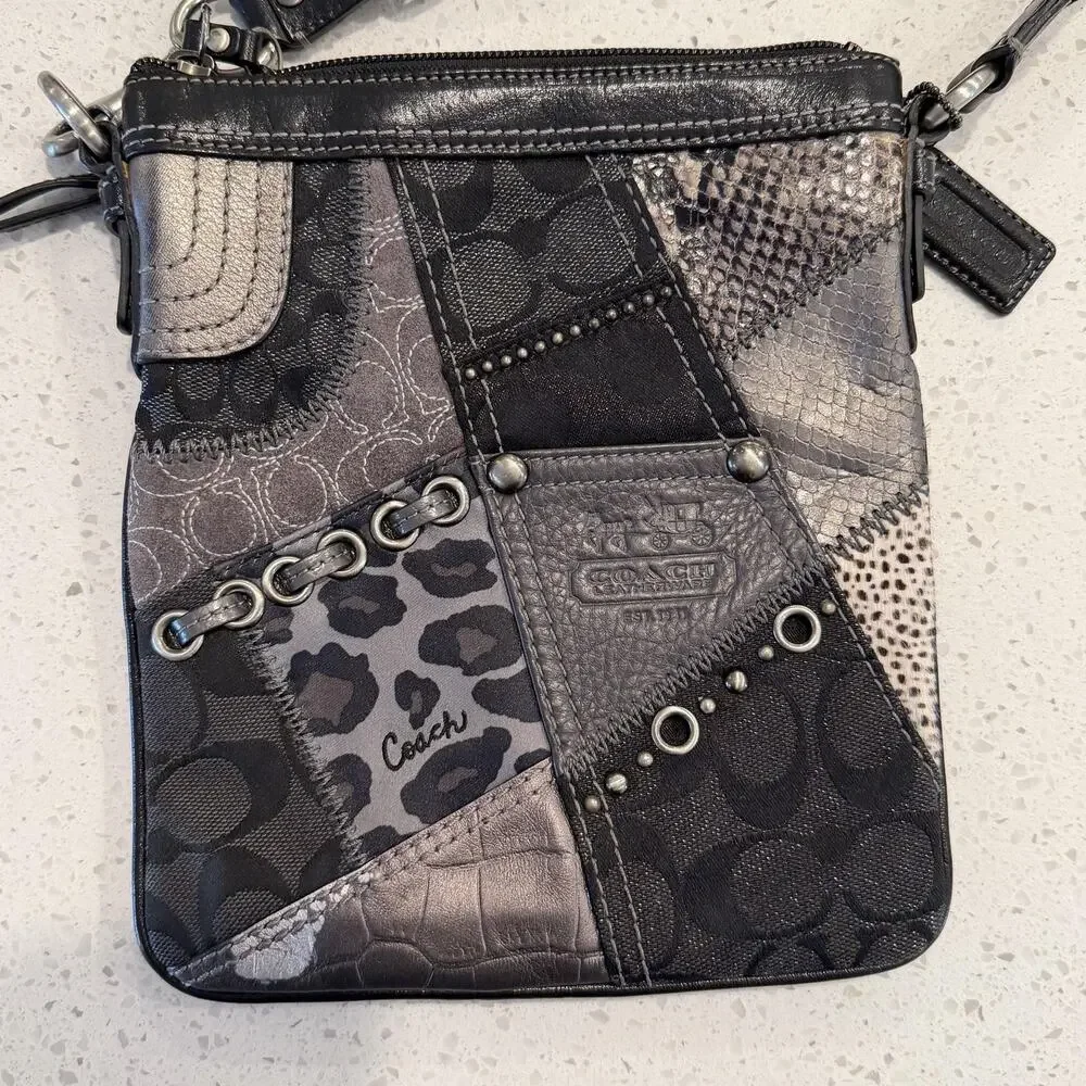 Vtg Coach Patchwork Crossbody Bag Small Black Leopard Leather Studded 42070 Y2K